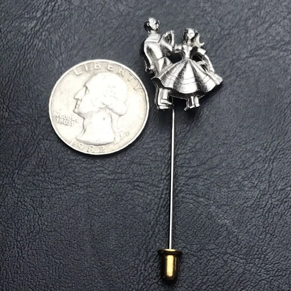 Silver Toned Dancing Couple Stick Pin Brooch Metal Vintage Dance Jewelry